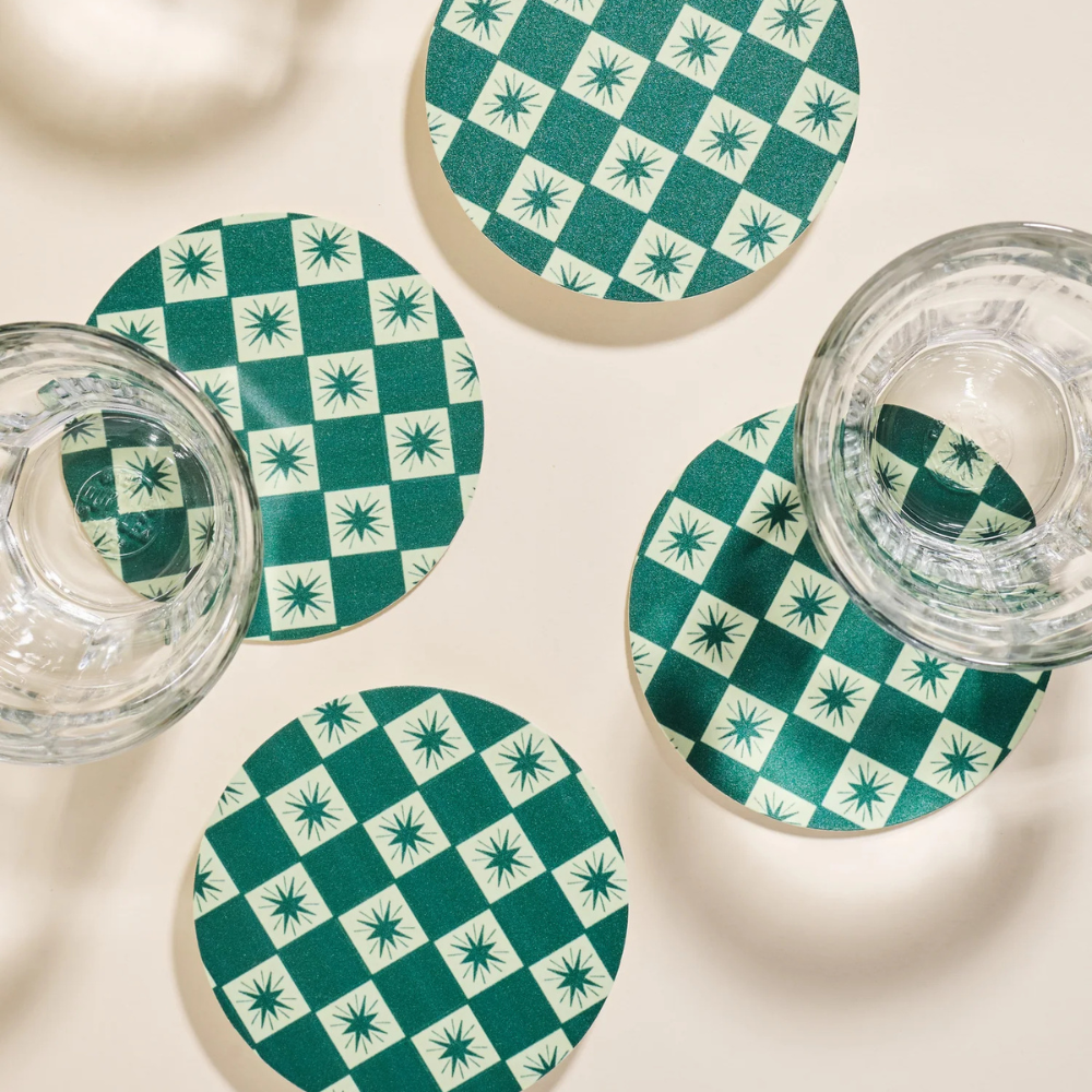 Green Checkered Star Coasters (set of 4)