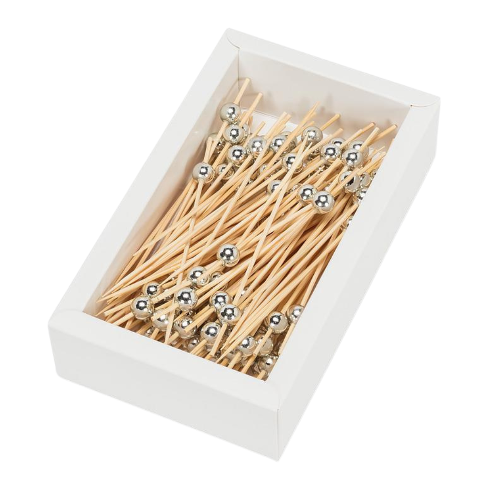 Silver Metallic Ball Bamboo Picks (Box of 100)