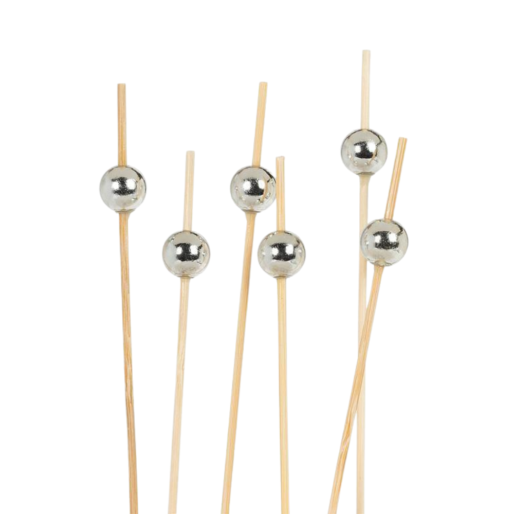 Silver Metallic Ball Bamboo Picks (Box of 100)